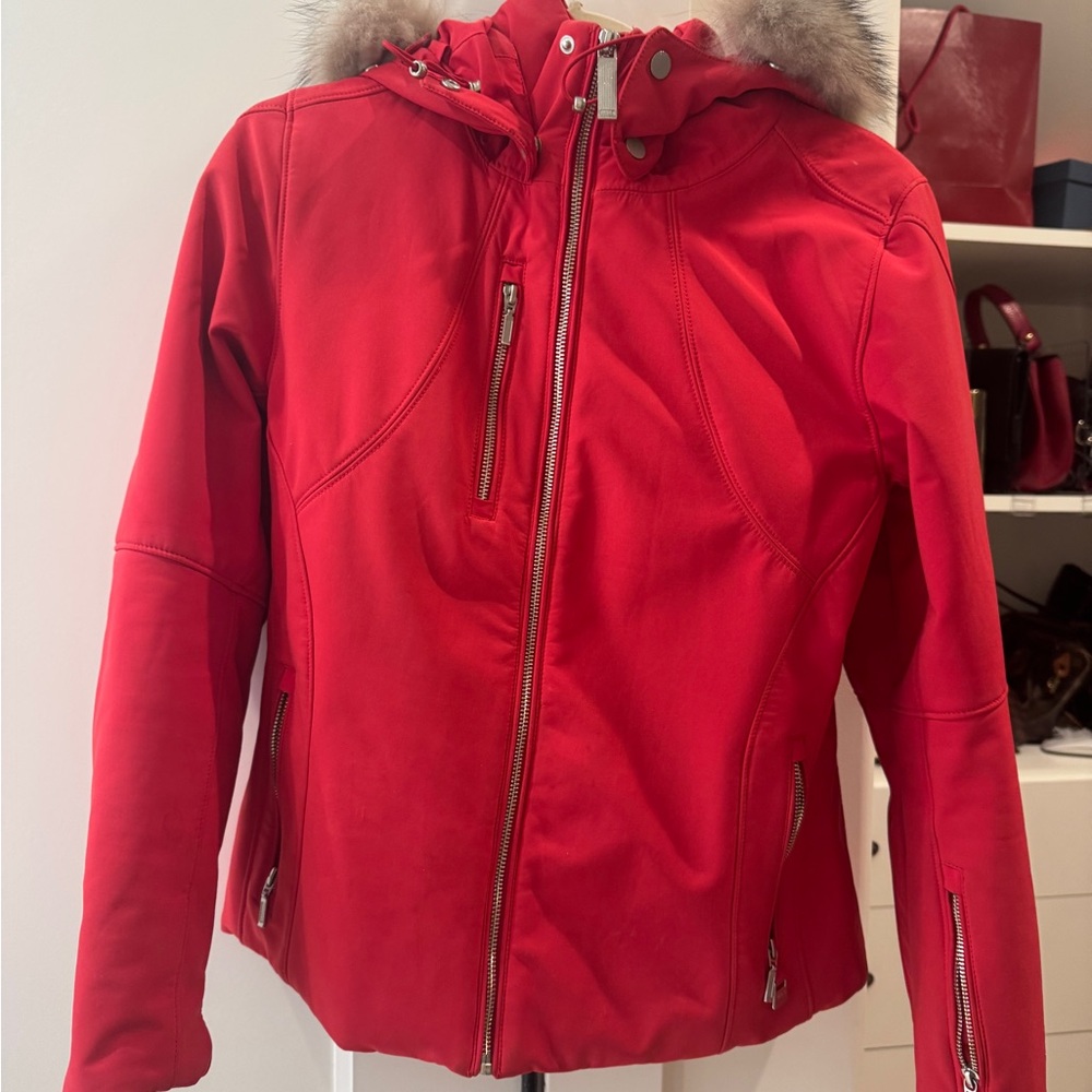 NILS Women's Lillehammer Red Ski Jacket Real Fox Fur Trim
